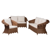 bali & pari Detta Natural Rattan 3-Piece Living Room Set - Handwoven Wicker Lounge Seating with Scalloped Skirt Base and Rolled Arms, Boho Coastal Style for Sunroom or Living Room Baxton Studio restaurant furniture, hotel furniture, commercial furniture, wholesale living room furniture, wholesale sofa sets, classic sofa sets